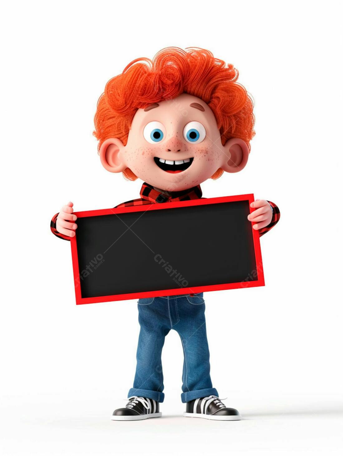 Menino ruivo segurando quadro negro
