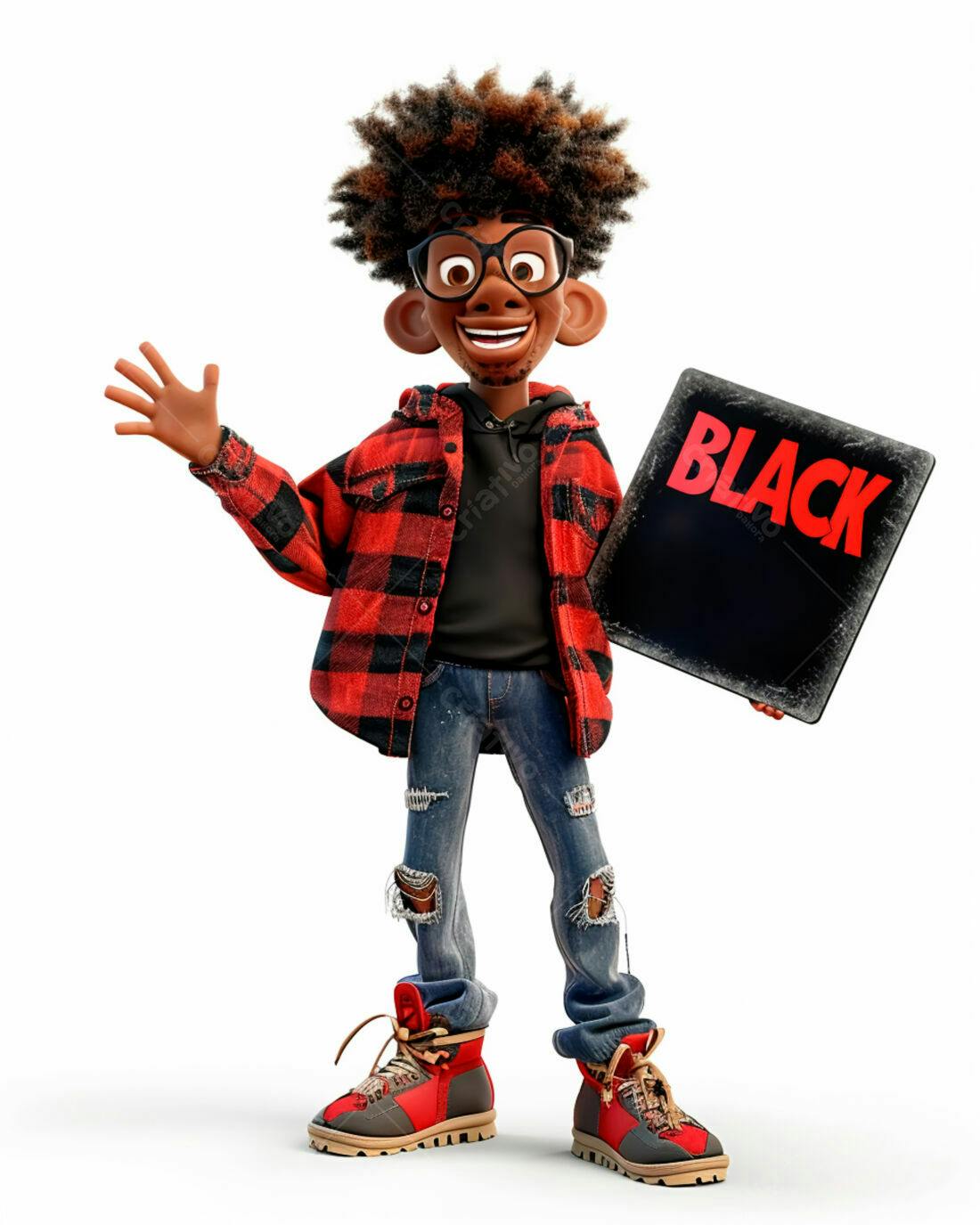 Rapaz negro com placa Black estilo cartoon
