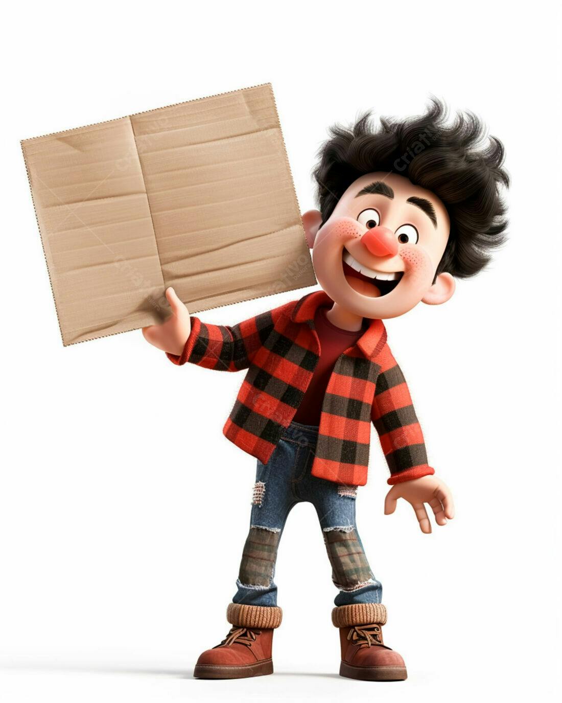 Personagem animado segurando cartaz de papelão