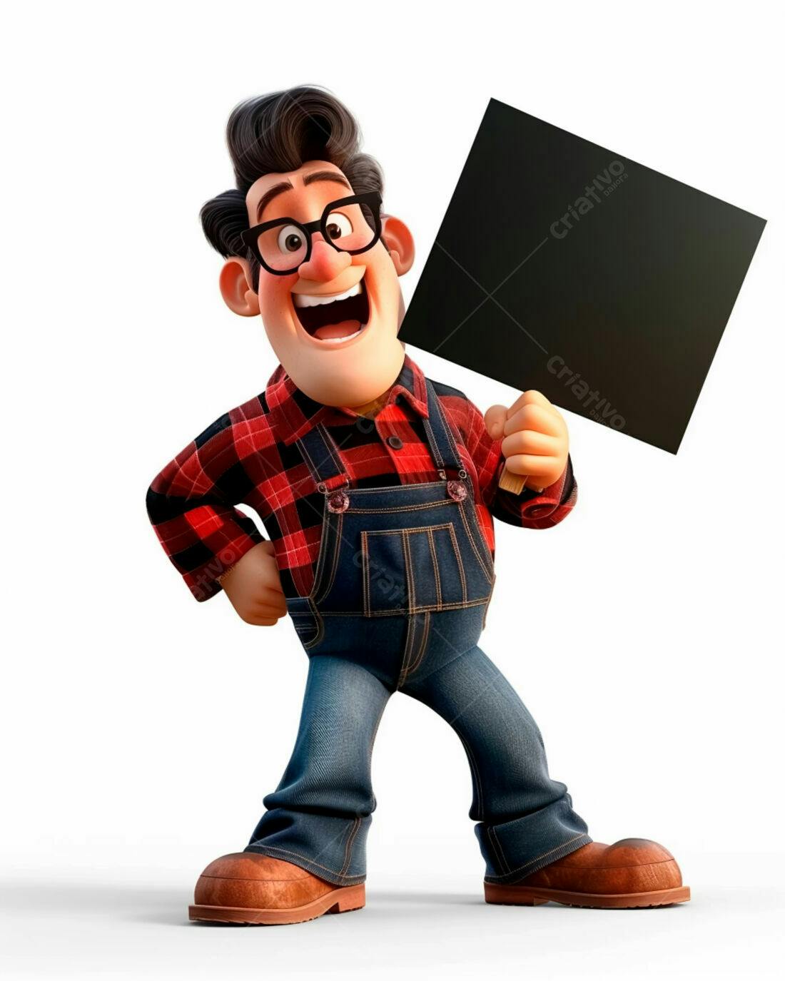 Personagem animado segurando cartaz preto
