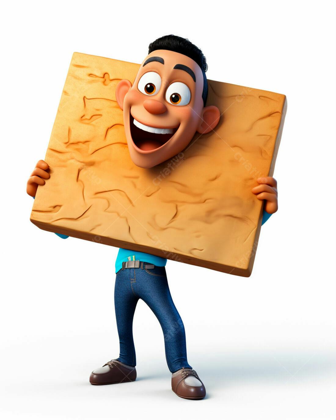 Personagem 3D segurando placa de madeira