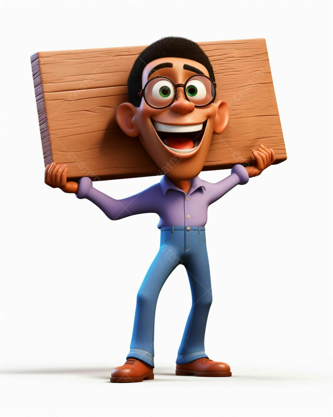 Personagem 3D alegre carregando placa de madeira