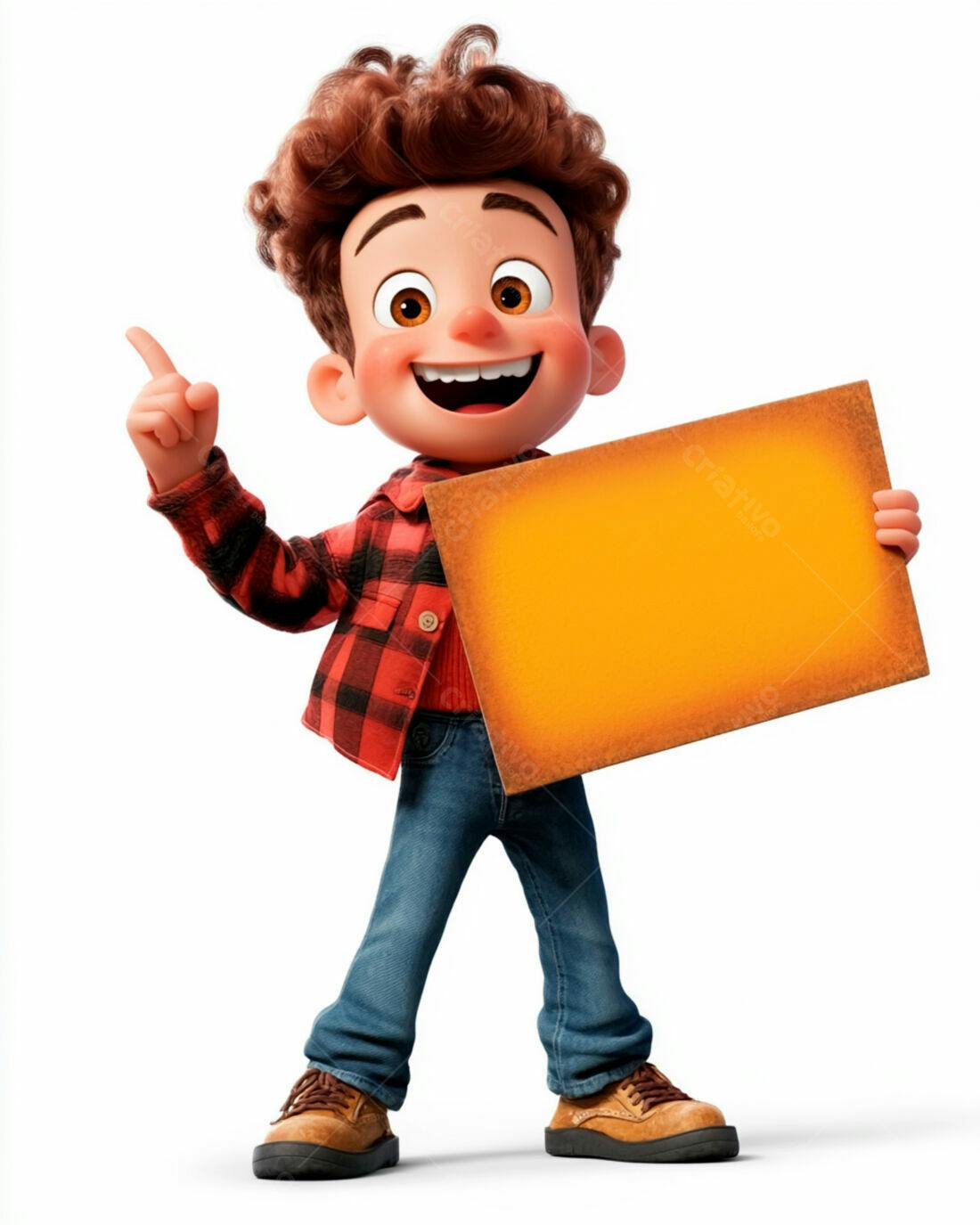 Menino animado segurando cartaz laranja
