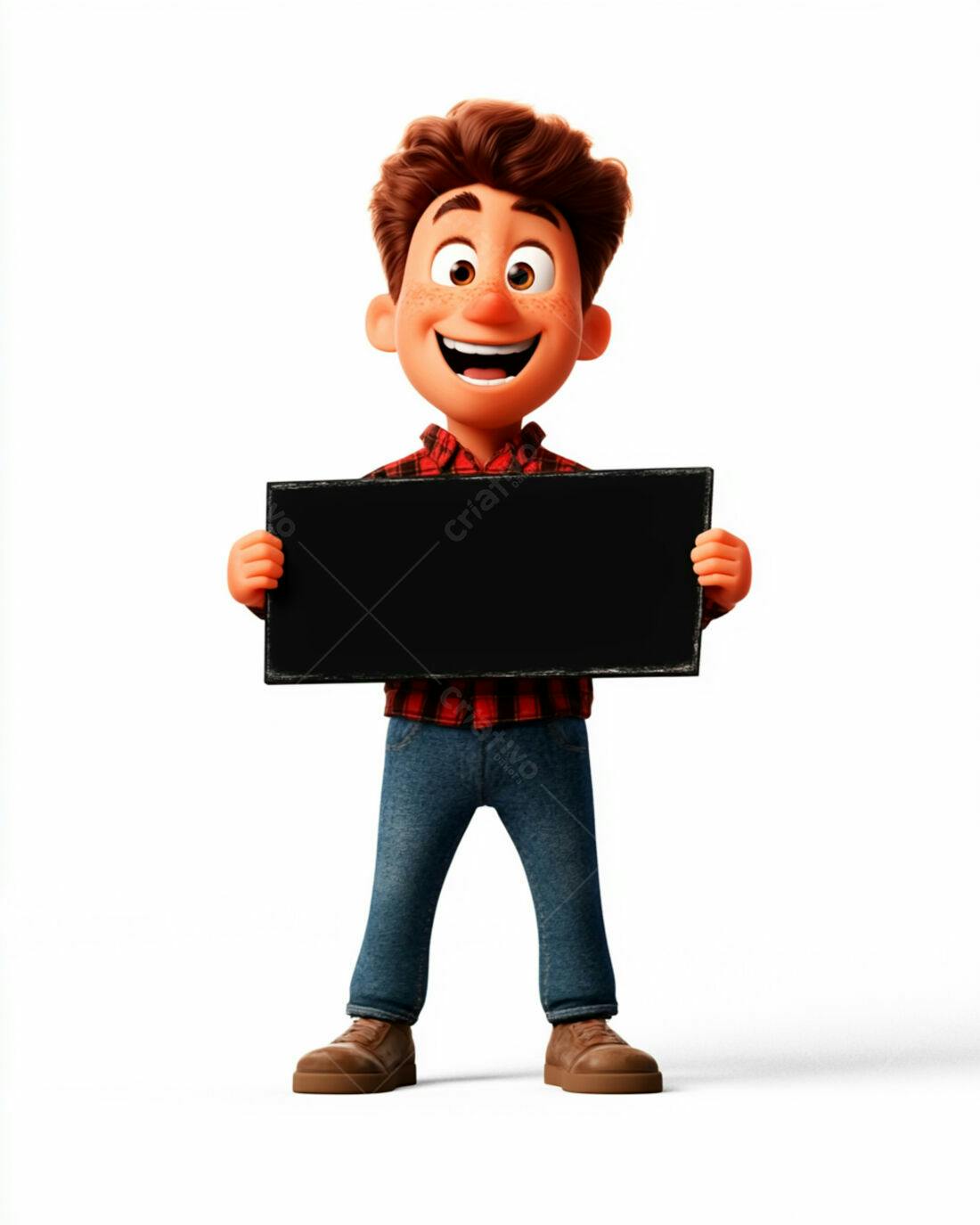 Menino animado segurando cartaz preto