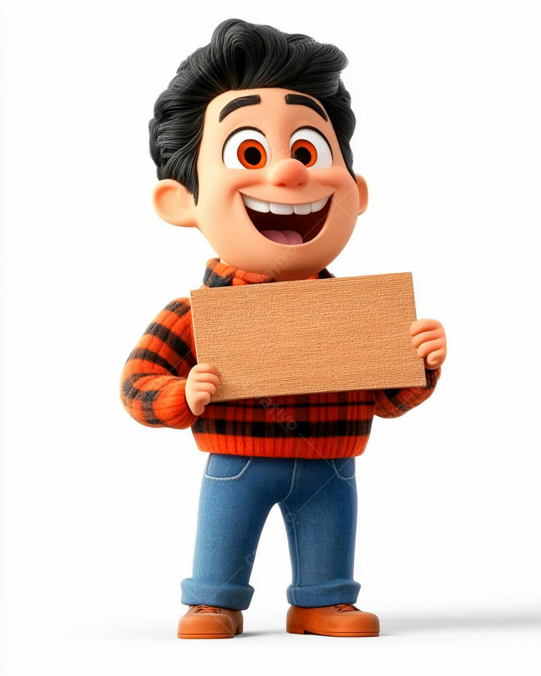 Menino feliz com placa de madeira marrom