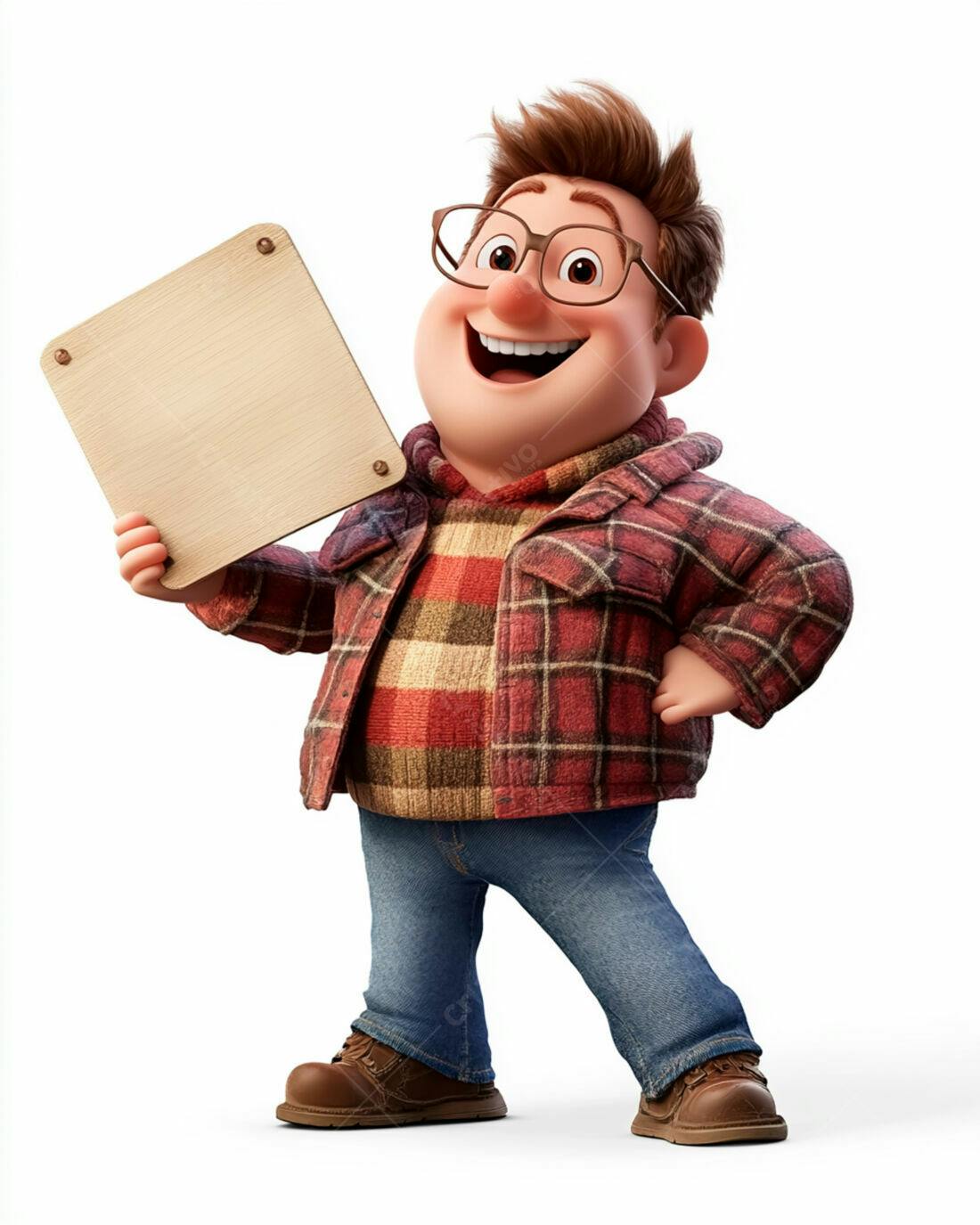 Personagem animado segurando placa de madeira