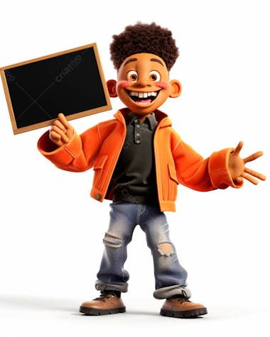 Um personagem 3d sorrindo e segurando uma placa