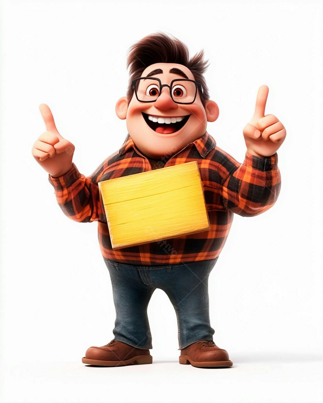 Personagem animado alegre com placa amarela