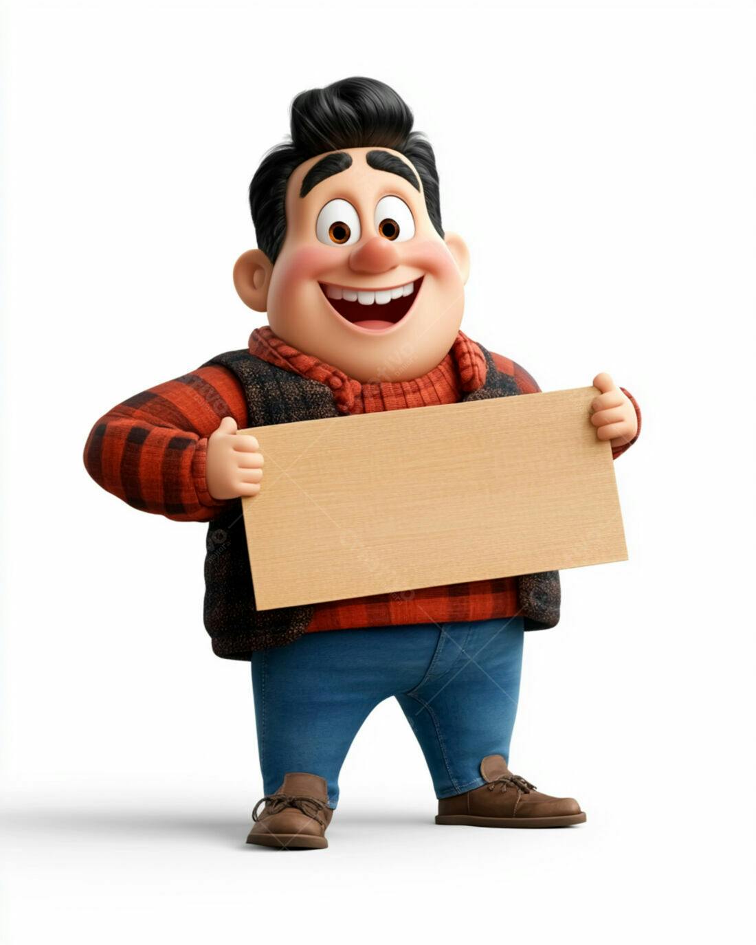 Personagem animado segurando placa de madeira