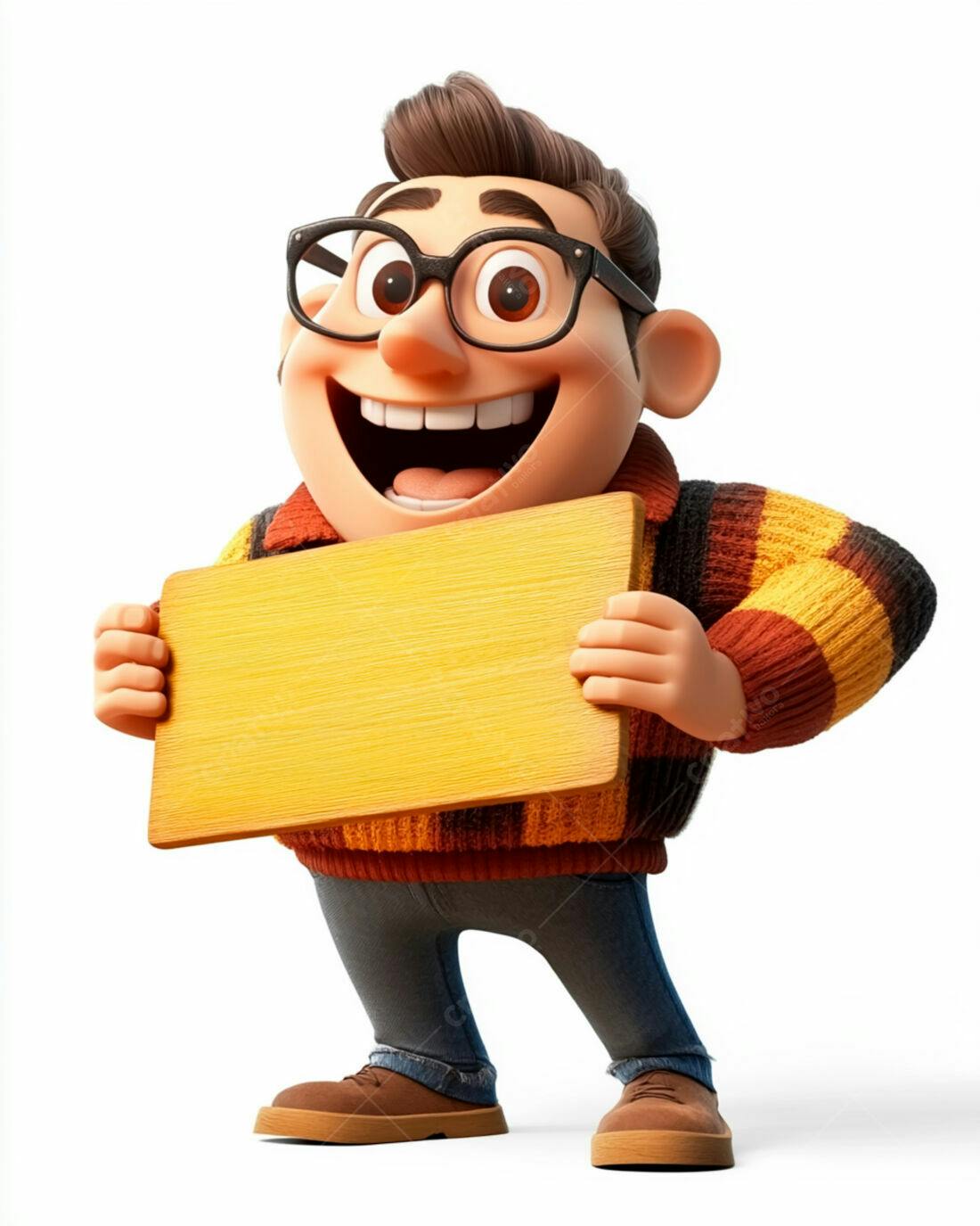 Personagem 3D segurando placa amarela