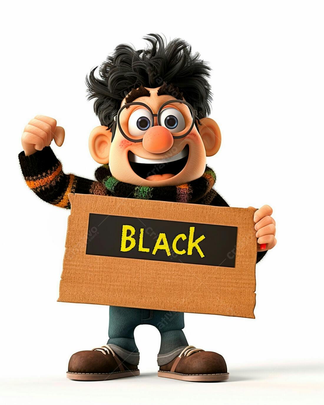 Personagem 3D segurando cartaz com a palavra BLACK
