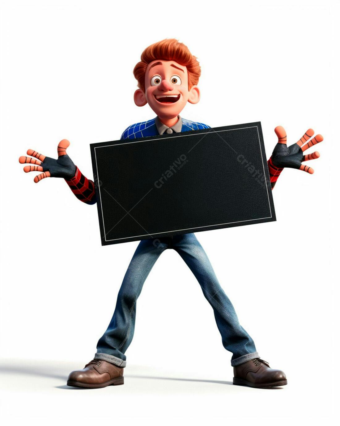 Personagem animado segurando placa preta