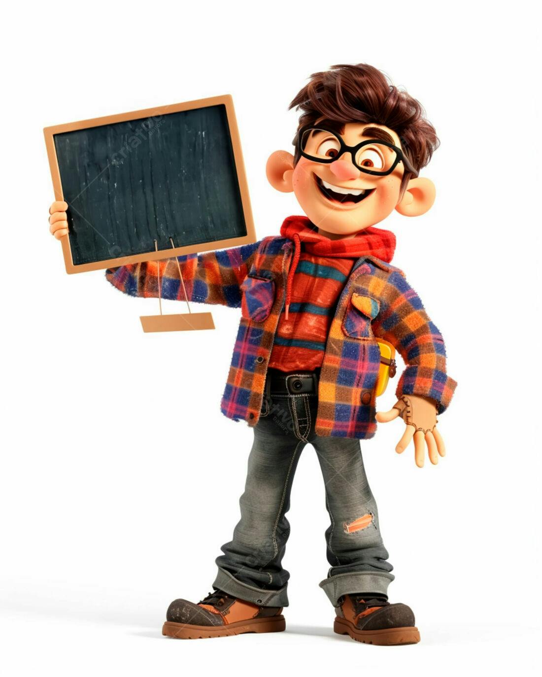 Personagem 3D segurando quadro negro
