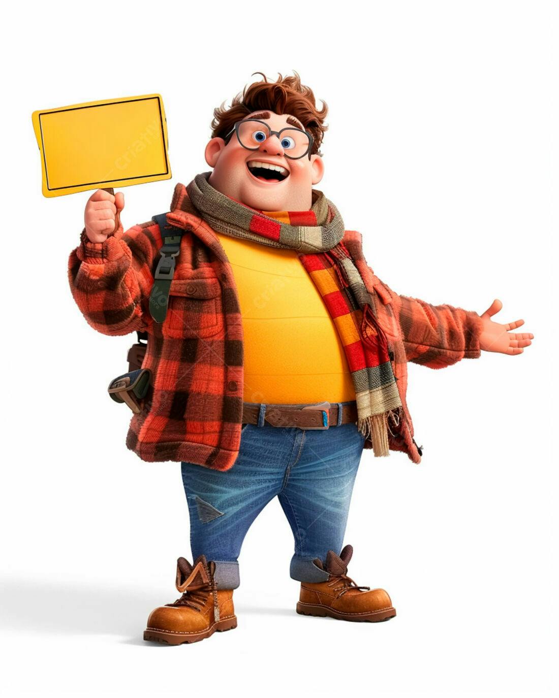 Personagem 3D alegre com placa amarela