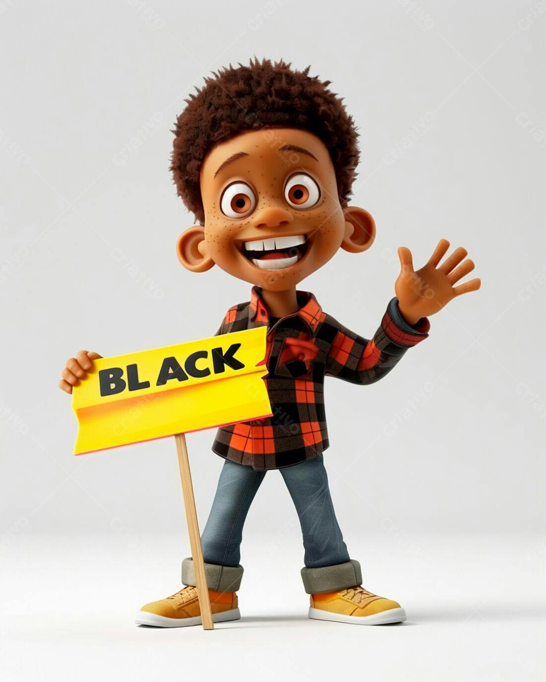 Menino negro sorridente com placa amarela