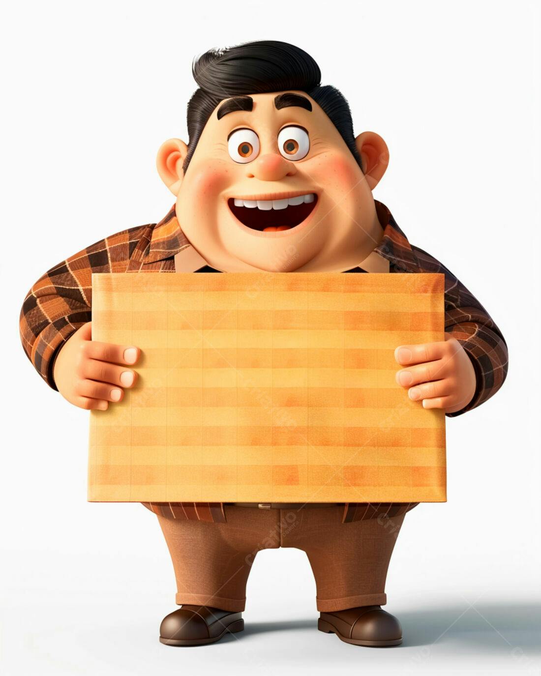 Homem feliz segurando placa marrom