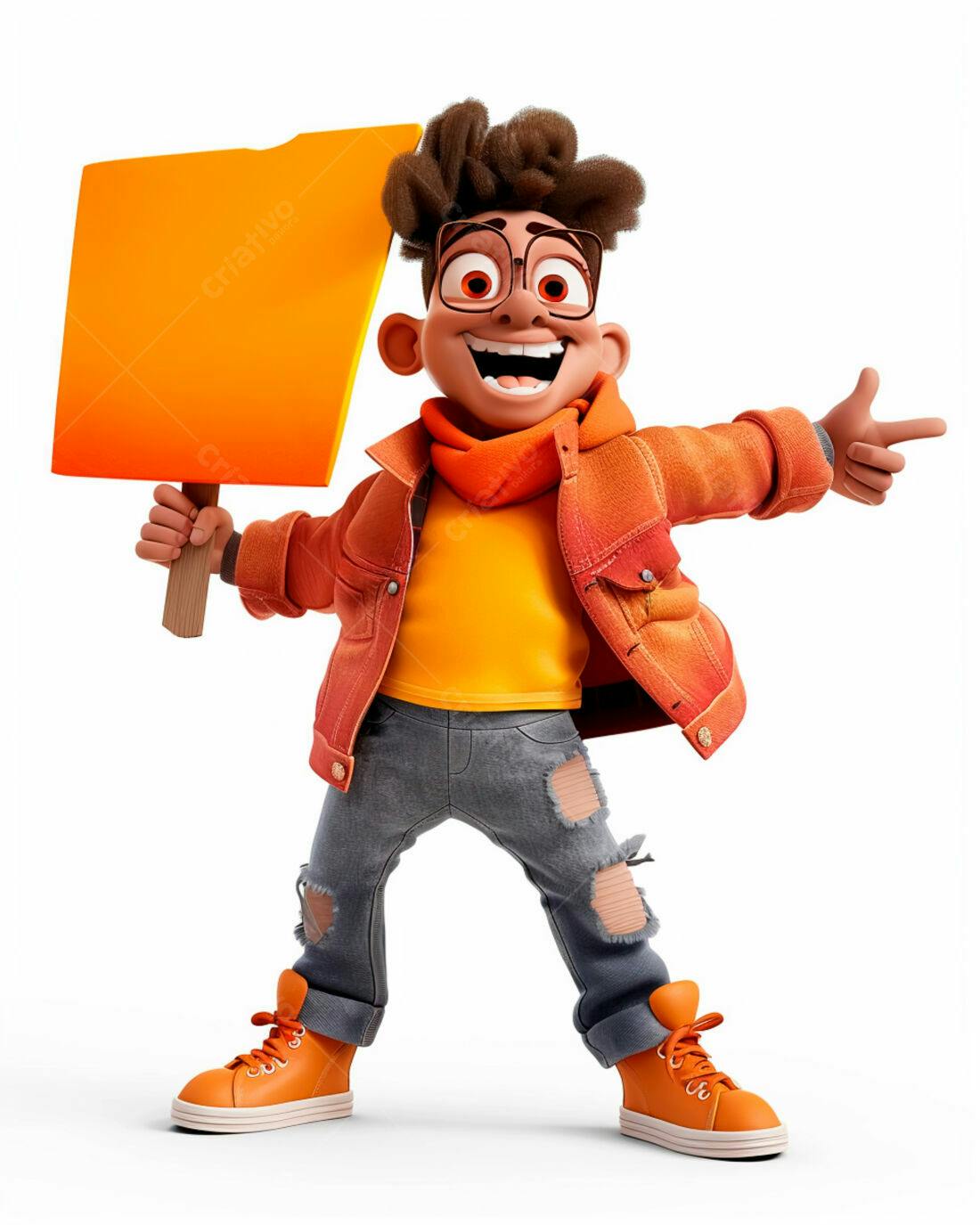 Menino animado com cartaz laranja