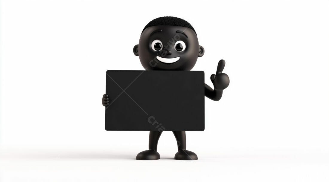Boneco negro segurando placa preta