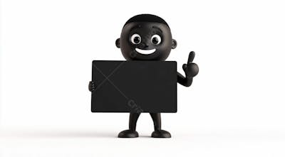 Mascote Preto Segurando Uma Placa Preta Contra Um Fundo Branco