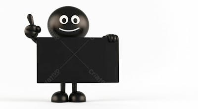 Mascote Preto Segurando Uma Placa Preta Contra Um Fundo Branco