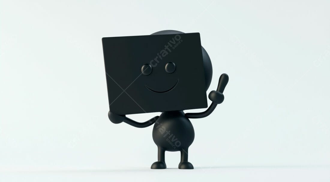 Boneco 3D preto com sorriso fundo branco