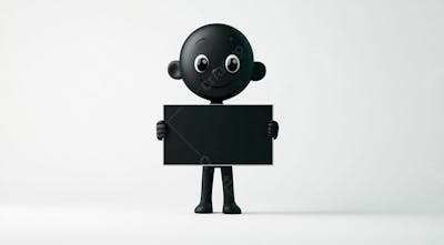 Mascote Preto Segurando Uma Placa Preta Contra Um Fundo Branco
