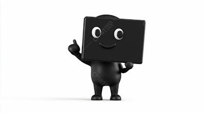 Mascote Preto Segurando Uma Placa Preta Contra Um Fundo Branco