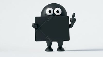 Mascote Preto Segurando Uma Placa Preta Contra Um Fundo Branco