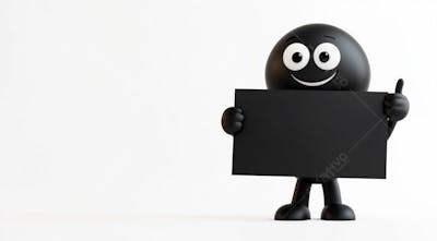Mascote Preto Segurando Uma Placa Preta Contra Um Fundo Branco