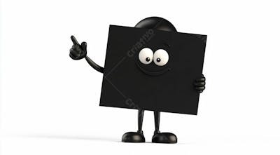 Mascote Preto Segurando Uma Placa Preta Contra Um Fundo Branco