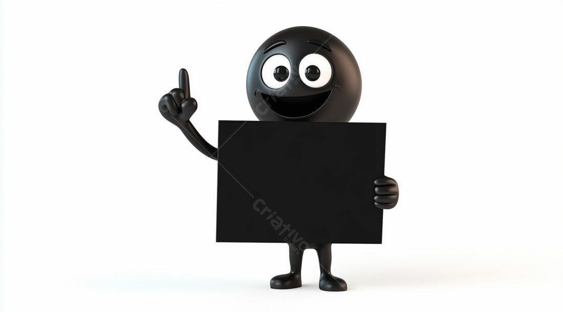 Boneco preto segurando cartaz fundo branco