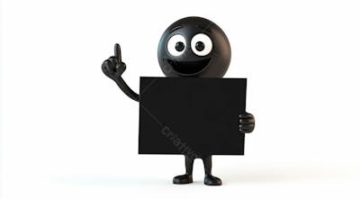 Mascote Preto Segurando Uma Placa Preta Contra Um Fundo Branco