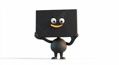 Mascote Preto Segurando Uma Placa Preta Contra Um Fundo Branco