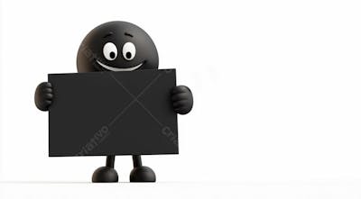 Mascote Preto Segurando Uma Placa Preta Contra Um Fundo Branco