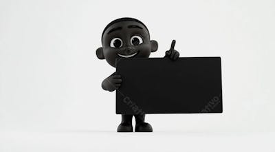 Mascote Preto Segurando Uma Placa Preta Contra Um Fundo Branco