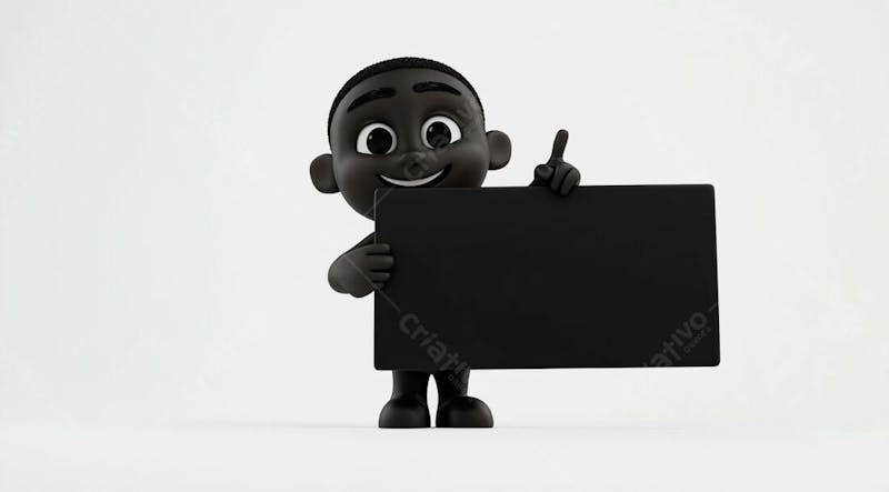 Mascote preto segurando uma placa preta contra um fundo branco