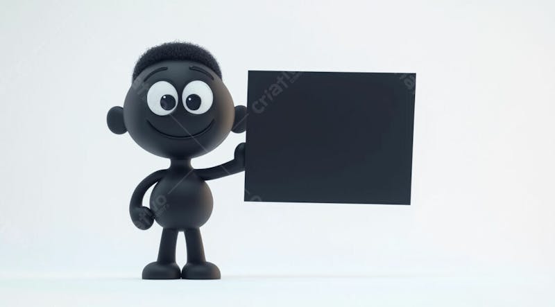 Mascote preto segurando uma placa preta contra um fundo branco