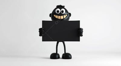 Mascote Preto Segurando Uma Placa Preta Contra Um Fundo Branco