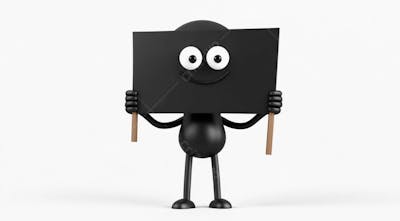 Mascote Preto Segurando Uma Placa Preta Contra Um Fundo Branco