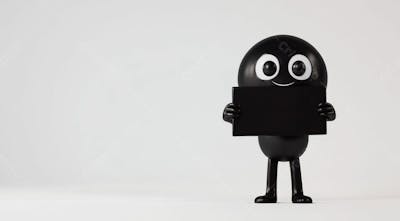 Mascote Preto Segurando Uma Placa Preta Contra Um Fundo Branco