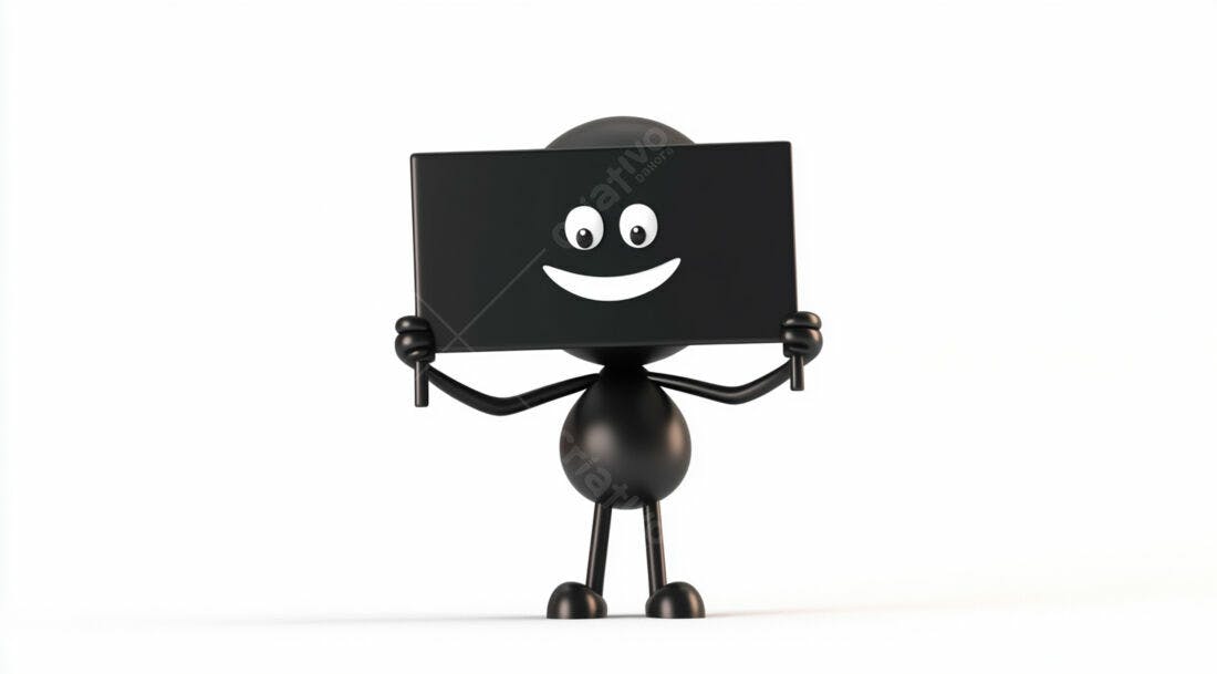 Boneco sorridente com cartaz preto