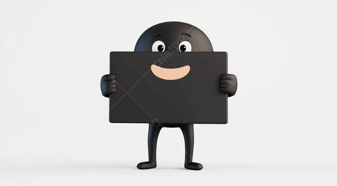 Personagem 3D segurando cartaz preto