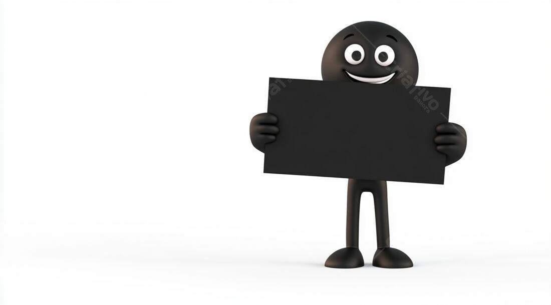 Boneco segurando cartaz preto fundo branco