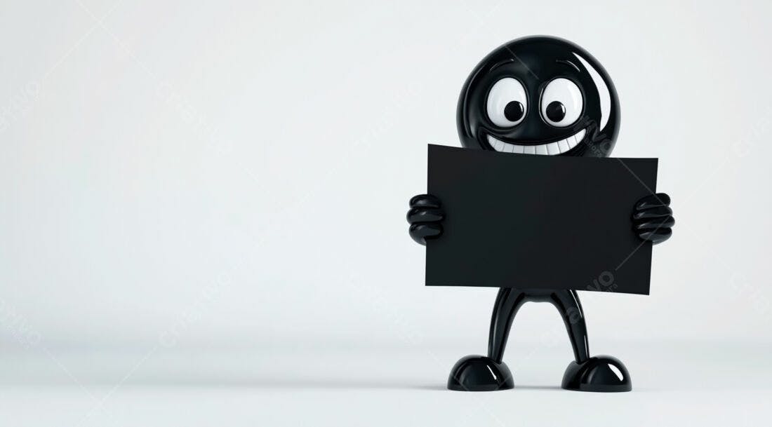 Boneco preto segurando cartaz em branco