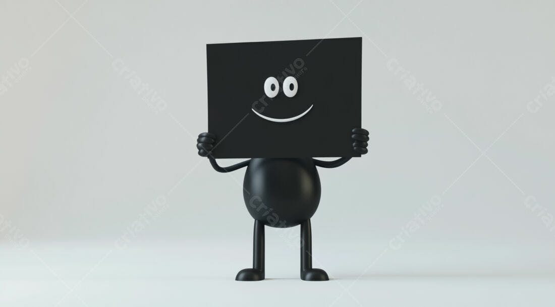 Boneco preto segurando cartaz com sorriso