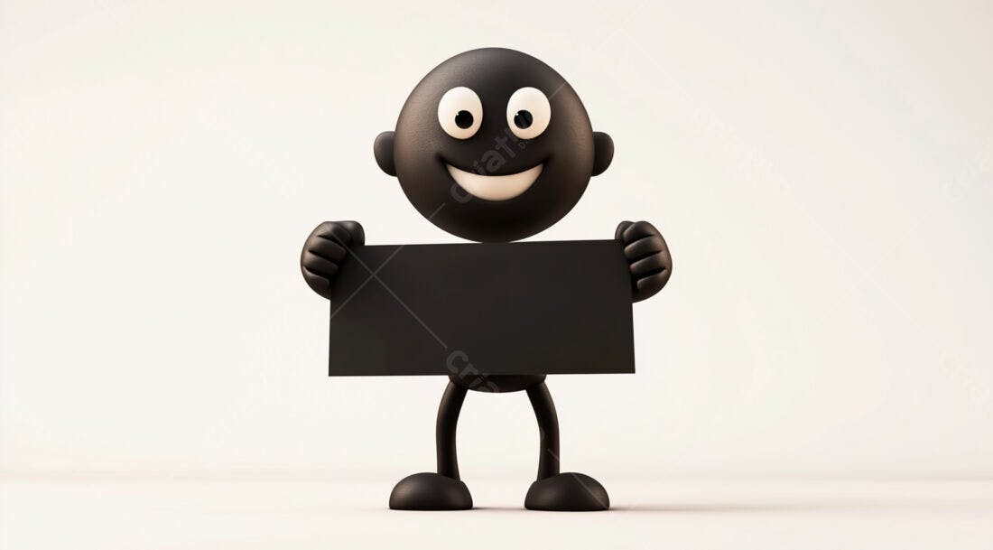 Boneco sorridente segurando cartaz preto