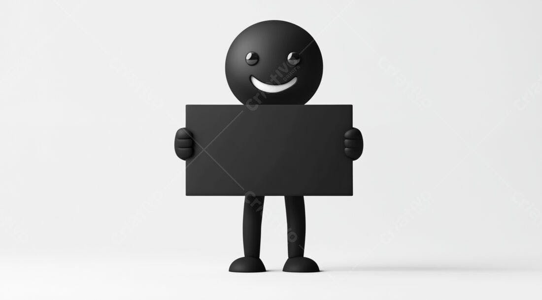 Boneco 3D segurando cartaz preto