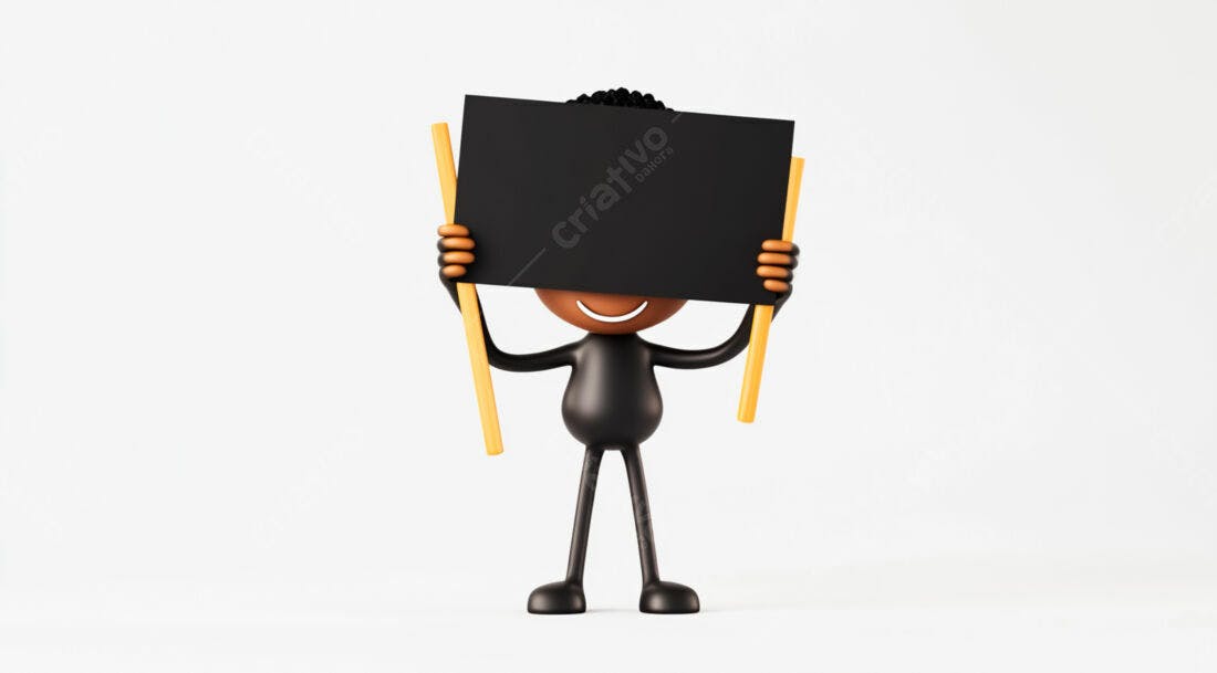 Boneco negro segurando cartaz preto