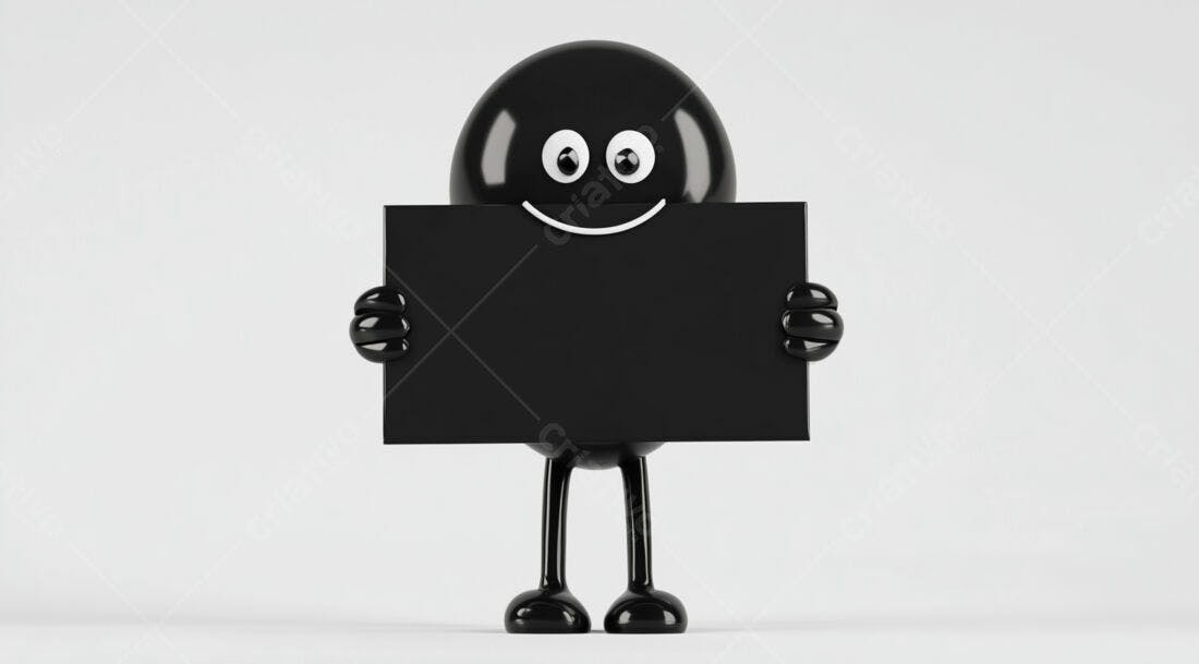 Personagem 3D segurando cartaz preto