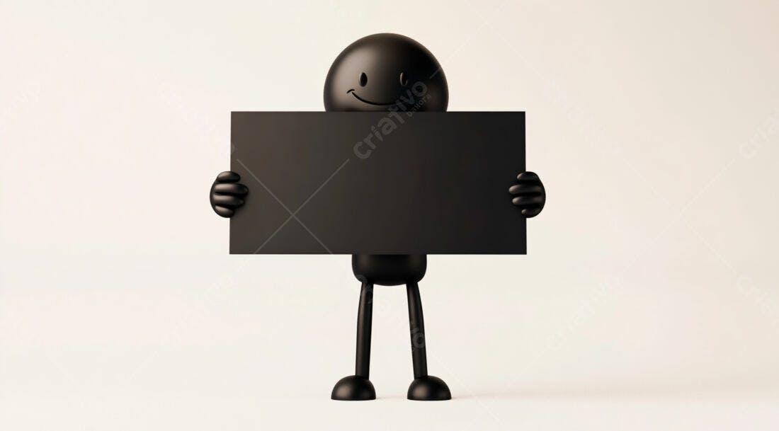 Boneco segurando cartaz preto fundo branco